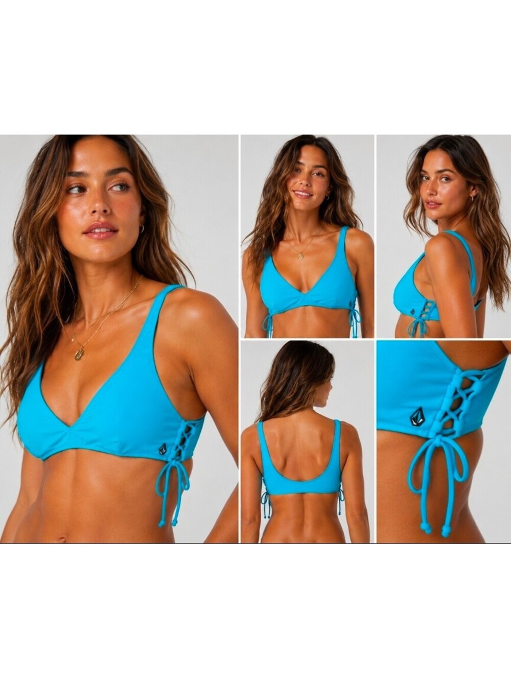 Volcom Women’s L Blue Bikini Top Lace Up Side Tie Strappy Swimwear Y2K Surf